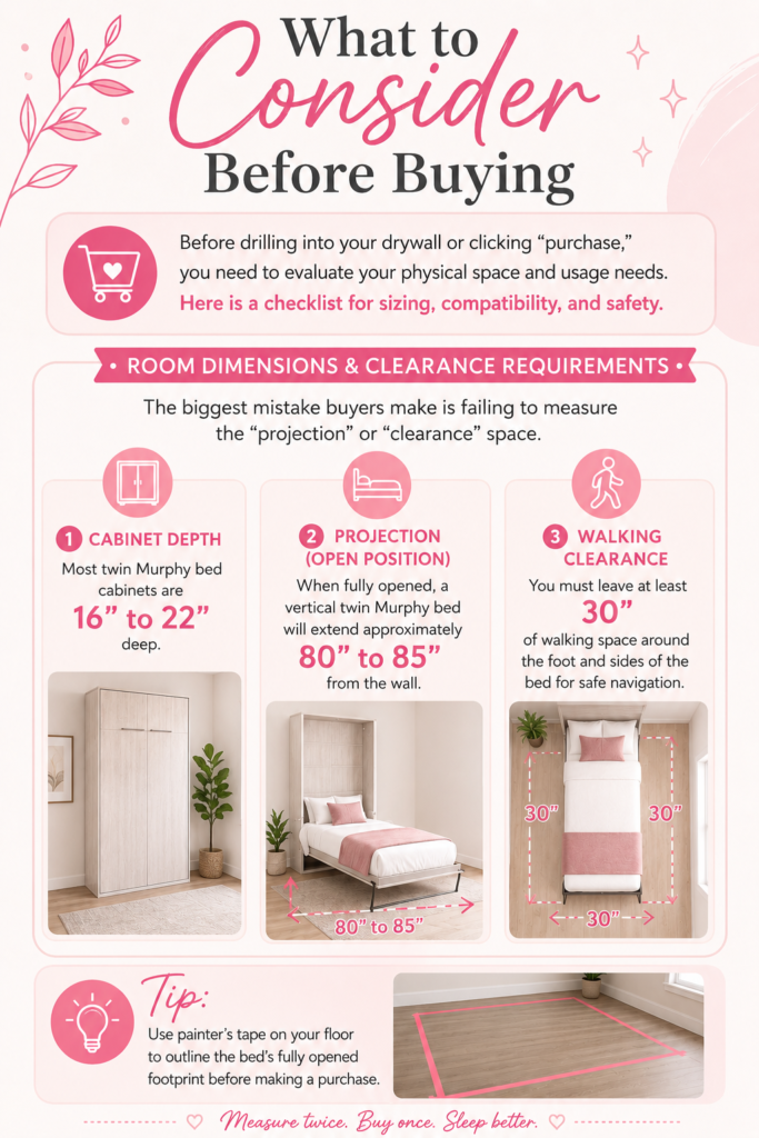 Pinterest-style infographic explaining what to consider before buying a twin Murphy bed, including cabinet depth, open bed projection, walking clearance requirements, and room measurement tips in a feminine pink aesthetic.